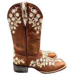 Cavender Women's Western Boots Square Toe Floral Embroidered 9 1/2 Brown Leather